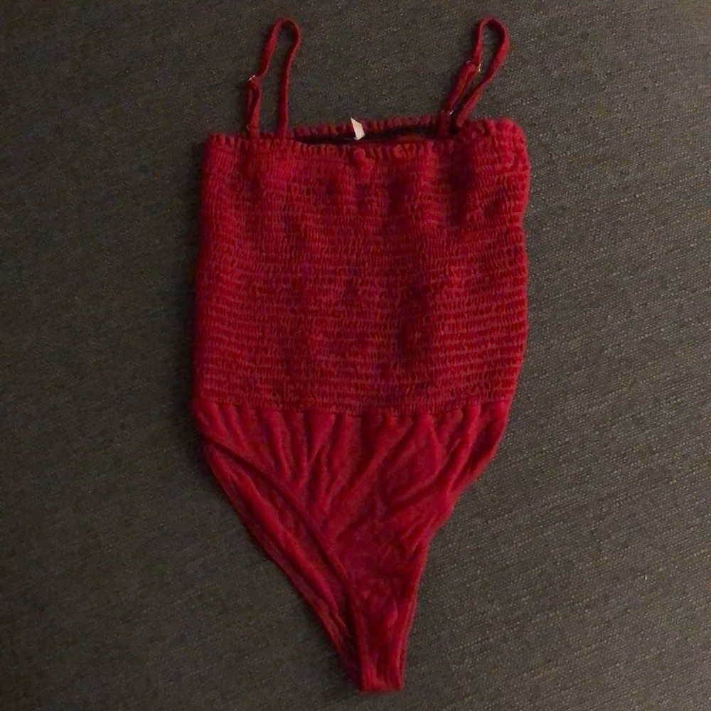Red ruched bodysuit